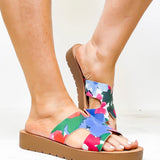 Corky Hold Please Floral Sandals featuring a 1-inch platform sole, cushioned footbed, and a stylish 'H' strap upper with a soft floral print. Designed for comfort and easy everyday wear with a chic, versatile look.