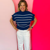 Navy Striped Mock Neck Sweater