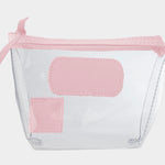 Jon Hart Airport Chico clear TSA-compliant travel pouch with blush Natural Leather trim, flat bottom, and zippered brass closure—perfect for carrying 3oz liquids and travel essentials.