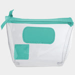 Jon Hart Airport Chico clear TSA-compliant travel pouch with caribbean Natural Leather trim, flat bottom, and zippered brass closure—perfect for carrying 3oz liquids and travel essentials.