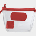 Jon Hart Airport Chico clear TSA-compliant travel pouch with cherry Natural Leather trim, flat bottom, and zippered brass closure—perfect for carrying 3oz liquids and travel essentials.
