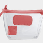 Jon Hart Airport Chico clear TSA-compliant travel pouch with hot pink Natural Leather trim, flat bottom, and zippered brass closure—perfect for carrying 3oz liquids and travel essentials.