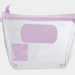 Jon Hart Airport Chico clear TSA-compliant travel pouch with iris Natural Leather trim, flat bottom, and zippered brass closure—perfect for carrying 3oz liquids and travel essentials.