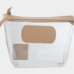 Jon Hart Airport Chico clear TSA-compliant travel pouch with Natural Leather trim, flat bottom, and zippered brass closure—perfect for carrying 3oz liquids and travel essentials.