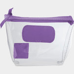 Jon Hart Airport Chico clear TSA-compliant travel pouch with plum Natural Leather trim, flat bottom, and zippered brass closure—perfect for carrying 3oz liquids and travel essentials.