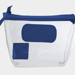 Jon Hart Airport Chico clear TSA-compliant travel pouch with royal blue Natural Leather trim, flat bottom, and zippered brass closure—perfect for carrying 3oz liquids and travel essentials.