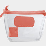 Jon Hart Airport Chico clear TSA-compliant travel pouch with salmon Natural Leather trim, flat bottom, and zippered brass closure—perfect for carrying 3oz liquids and travel essentials.