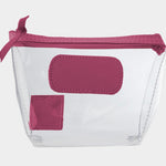 Jon Hart Airport Chico clear TSA-compliant travel pouch with sangria Natural Leather trim, flat bottom, and zippered brass closure—perfect for carrying 3oz liquids and travel essentials.