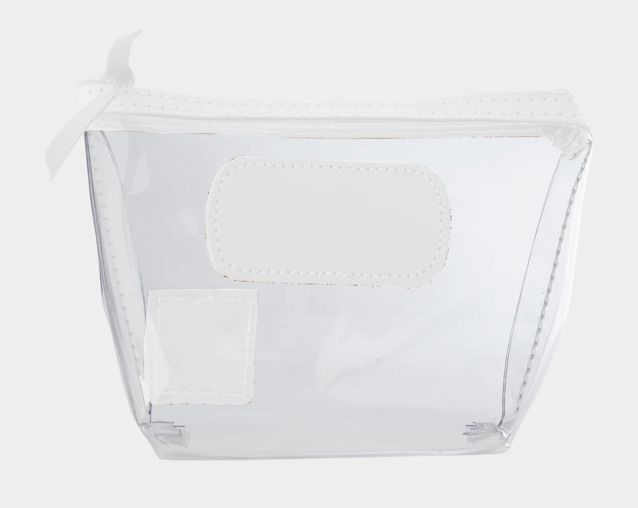 Jon Hart Airport Chico clear TSA-compliant travel pouch with white Natural Leather trim, flat bottom, and zippered brass closure—perfect for carrying 3oz liquids and travel essentials.