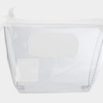 Jon Hart Airport Chico clear TSA-compliant travel pouch with white Natural Leather trim, flat bottom, and zippered brass closure—perfect for carrying 3oz liquids and travel essentials.