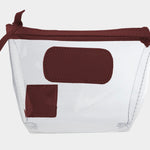 Jon Hart Airport Chico clear TSA-compliant travel pouch with wine Natural Leather trim, flat bottom, and zippered brass closure—perfect for carrying 3oz liquids and travel essentials.