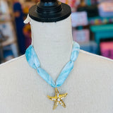 Blue Print Scarf Star Charm Necklace