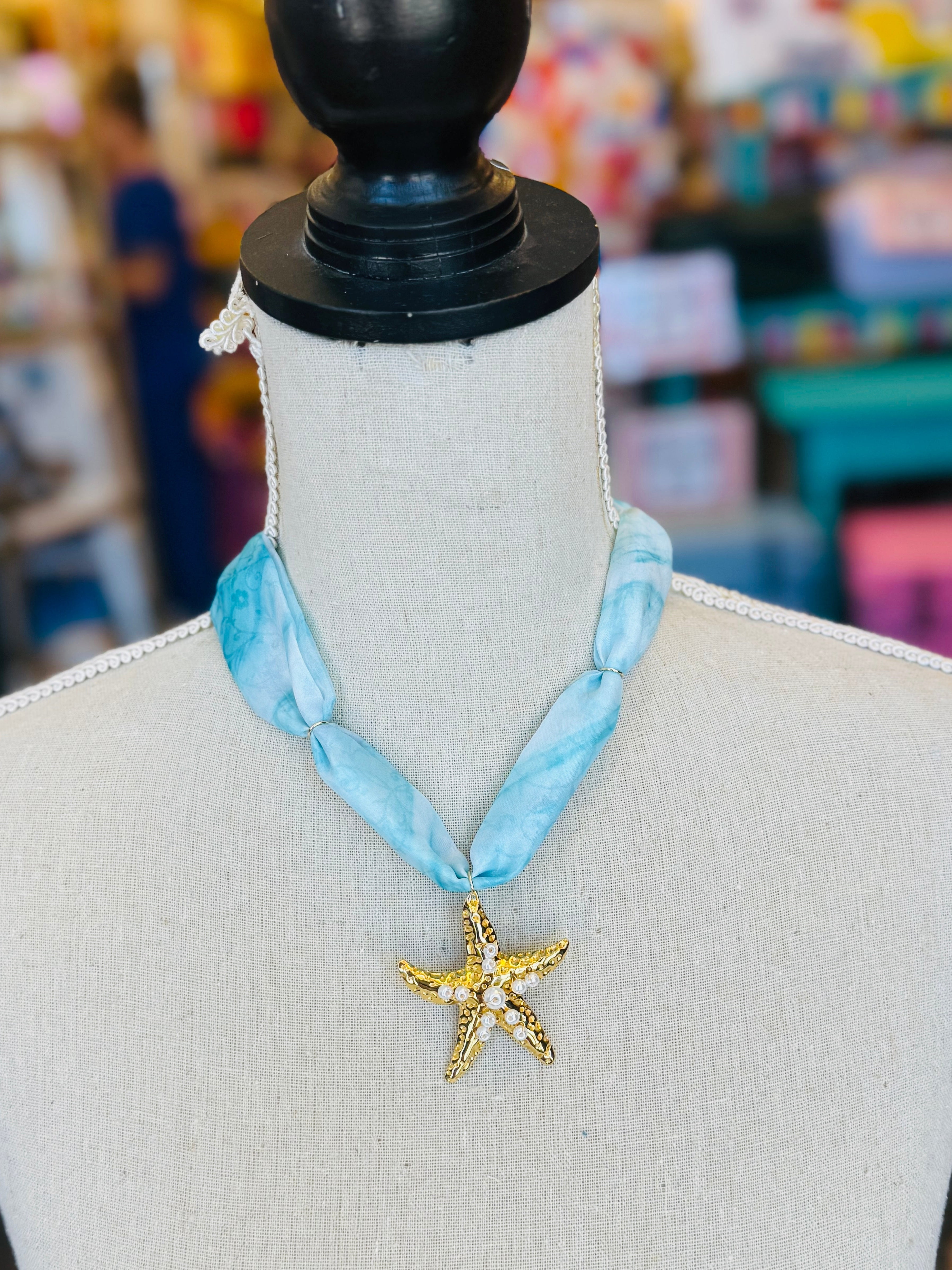Blue Print Scarf Star Charm Necklace