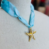 Blue Print Scarf Star Charm Necklace