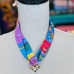 Blue Print Scarf Heart Charm Necklace