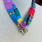 Blue Print Scarf Heart Charm Necklace