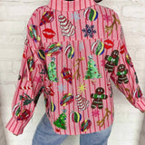 Queen Of Sparkles Light Pink & Red Stripe Christmas Icons Button Up Top