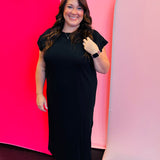 Black Short Sleeve Midi Dress