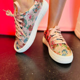 rhinestone floral tie sneakers in blush pink color