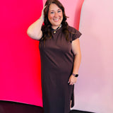 Mahogany midi dress with short sleeves, round neckline, and side slit.