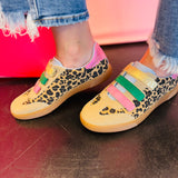 Blowfish Tucson leopard sneakers with pastel metallic green, pink, and yellow velcro straps and pink heel tap
