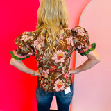 Brown Floral Print Puff Sleeve Top