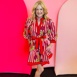 Garnet Stripe Floral Dress with 3/4 puff sleeves, V-neck, ruffle hem, and adjustable belt.