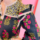 Black Multi-Print Ruffle Puff Sleeve Top