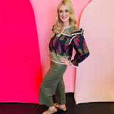 Black Multi-Print Ruffle Puff Sleeve Top