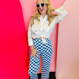 Blue Demi Checkered Jeans, high-waist with a wide-leg gingham print.