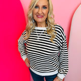 Black Striped Pullover with soft fabric, relaxed fit, and classic black-and-white stripes for effortless style.