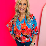 Blue floral and black stripe kimono top