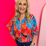 Blue floral and black stripe kimono top