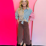 Mahogany high-rise cropped gaucho denim jeans.
