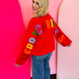 Red Christmas Lettering Patchwork Cardigan