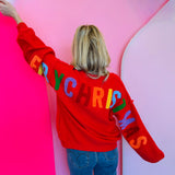 Red Christmas Lettering Patchwork Cardigan