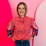 Red Floral Embroidered Stripe Shirt