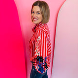 Red Floral Embroidered Stripe Shirt