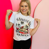 Graphic tee with Santa in shades, presents, boombox, and "Gangsta Wrapper" text.