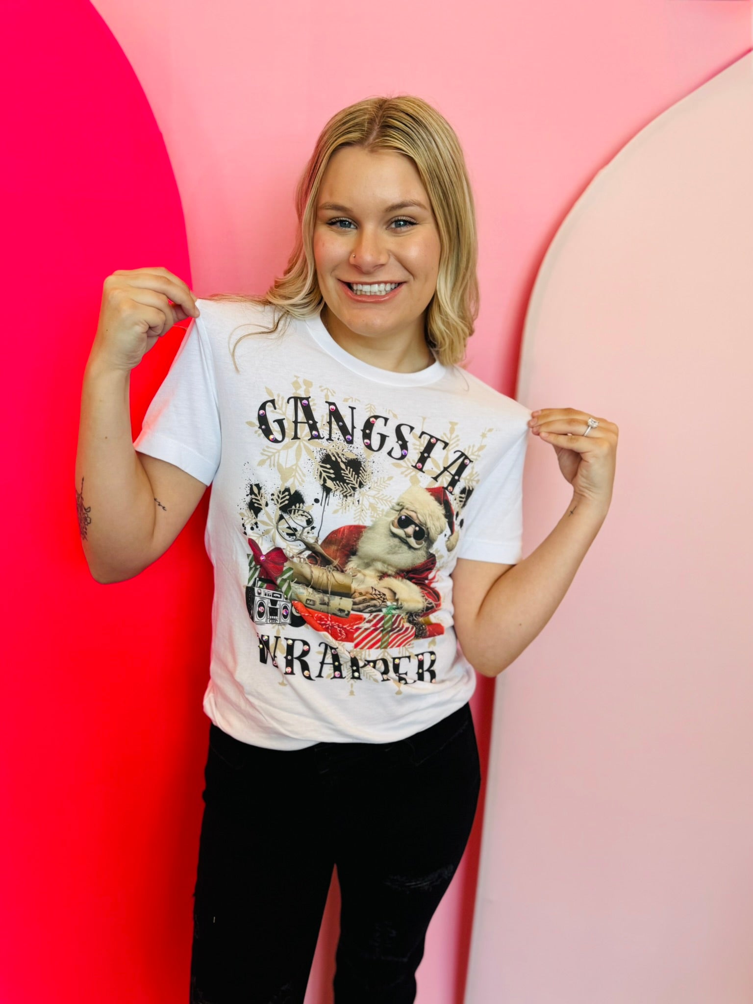 Graphic tee with Santa in shades, presents, boombox, and "Gangsta Wrapper" text.