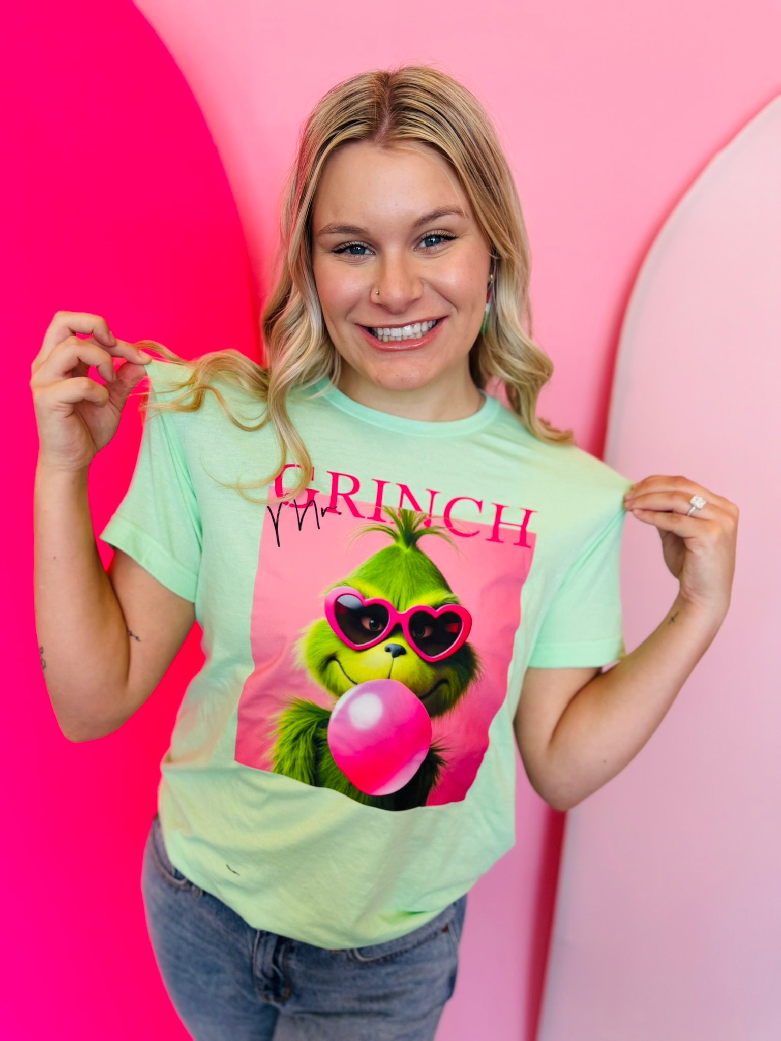 Mr. Grinch Pink Bubblegum Tee with vibrant DTF printed graphic on soft Tultex unisex shirt.