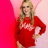Red sweatshirt with white chenille “Merry” lettering and small bow accents on the sides.