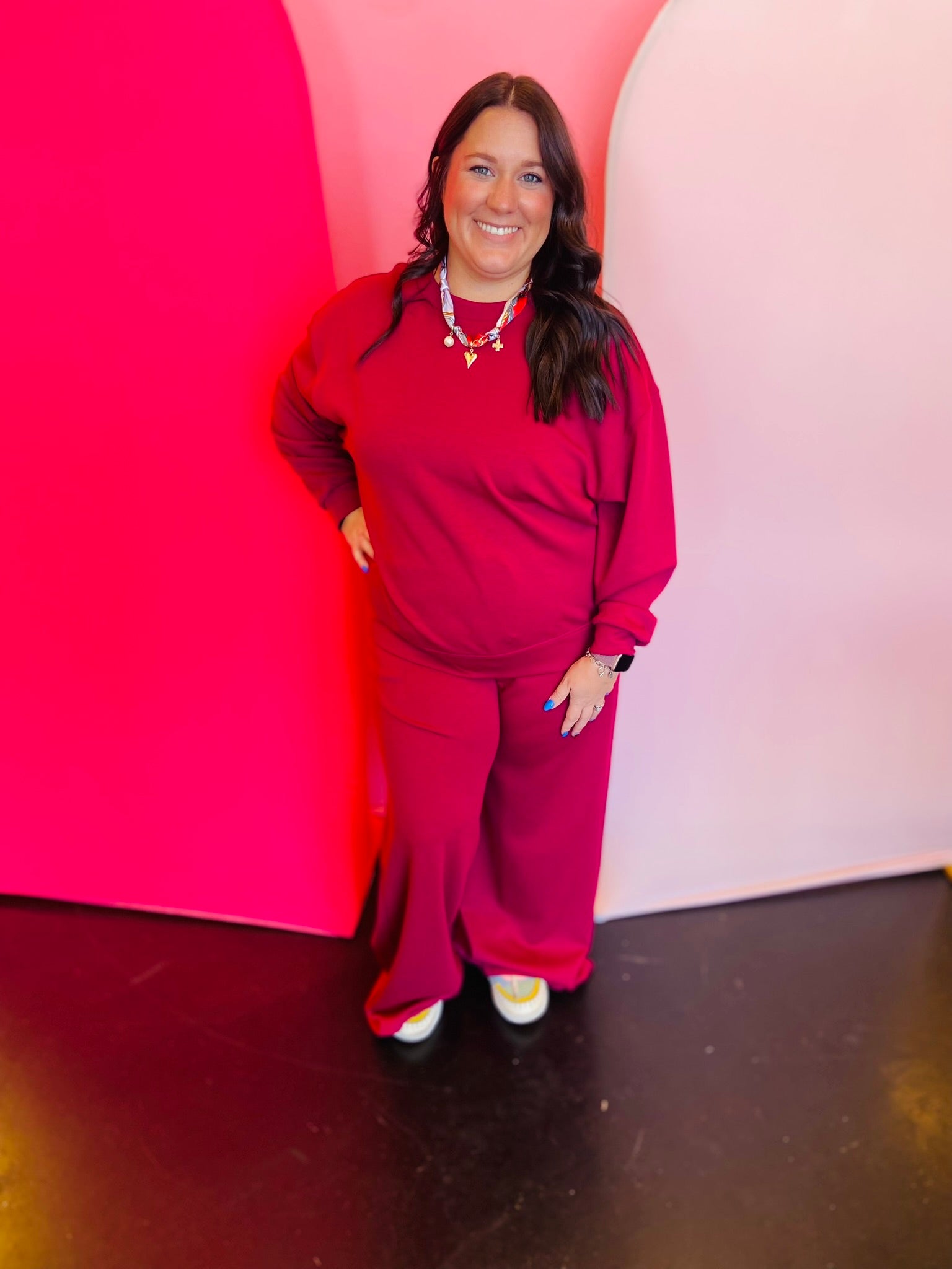 Cabernet Scuba Pullover & Pants Set, plus size, stretch knit with relaxed fit for everyday comfort.