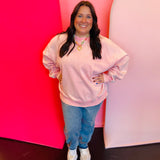 Plus-size dark pink acid wash oversized fleece pullover with balloon sleeves and overlap neckband.