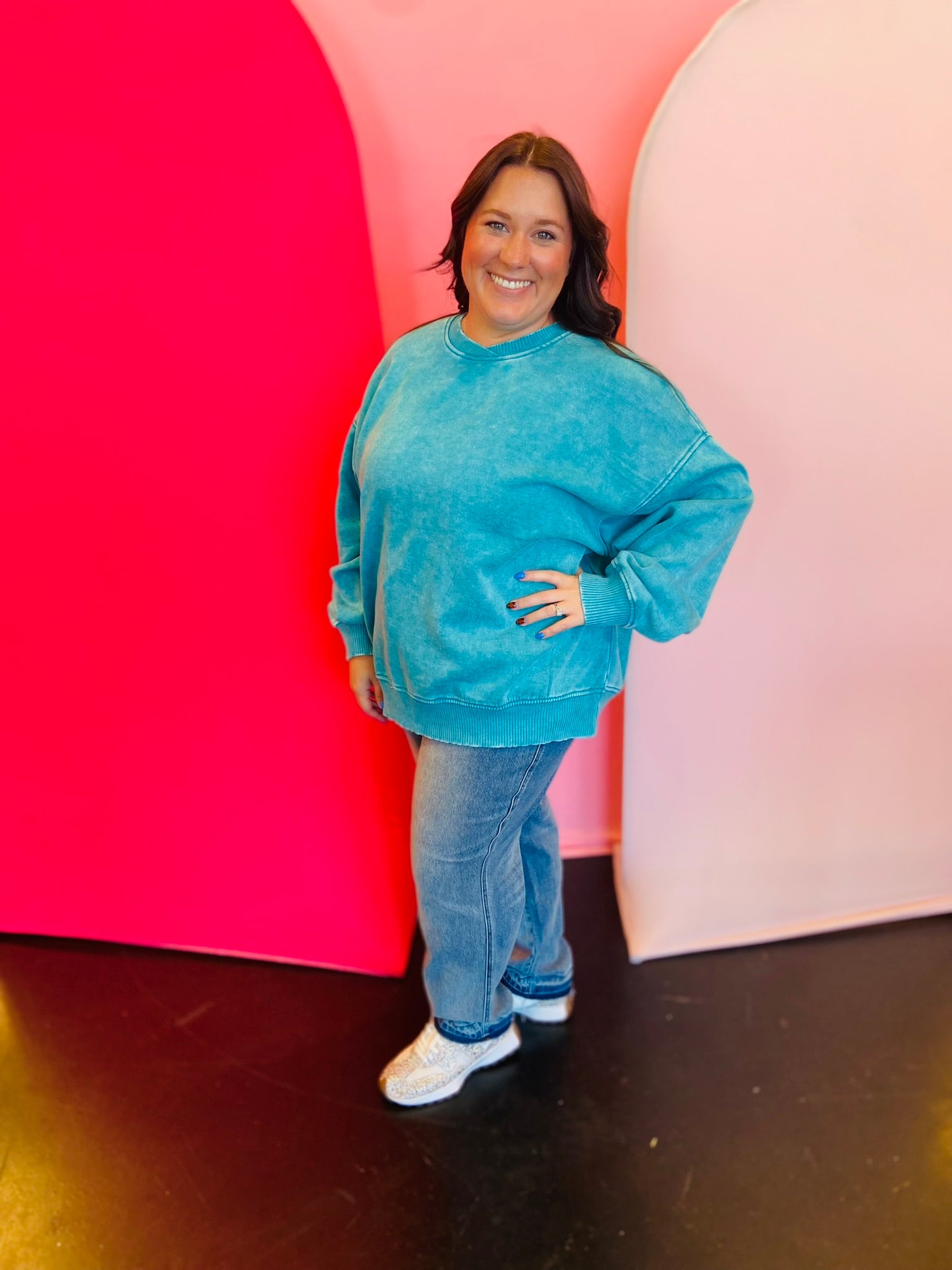 Lt. teal oversized sweatshirt with folded neckline