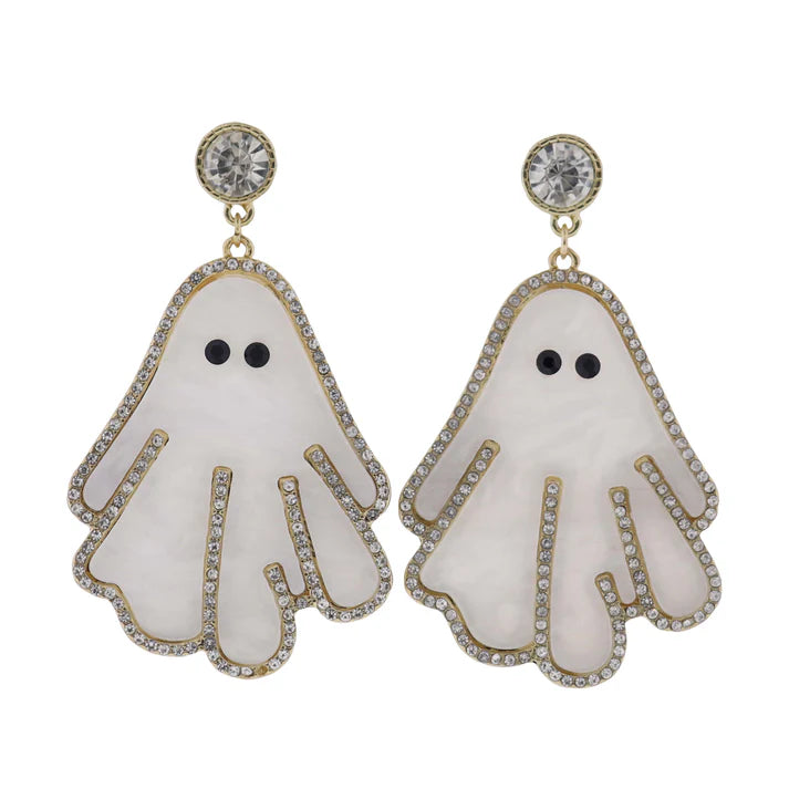 Ghost earrings with crystal studs and trim