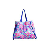 Blue and pink velvet floral print tote bag with royal blue ruffles and handle