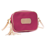 Jon Hart Lola Crossbody, 6.5x9x2.5 in, coated canvas with leather trim and tassel accent.