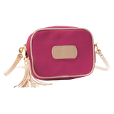 Jon Hart Lola Crossbody, 6.5x9x2.5 in, coated canvas with leather trim and tassel accent.