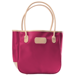Jon Hart Medium Holiday Tote, 12x12x6.5 in, coated canvas with leather trim and rolled handles.